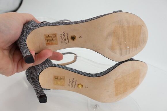 Stuart Weitzman Nunaked Ankle Strap Sandals Silver Gray Glitter Size 5 Evening - Picture 11 of 14